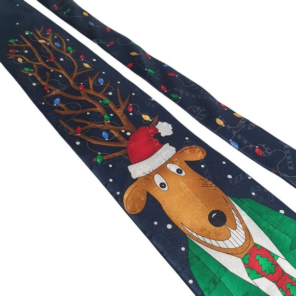 Hallmark Yule Tie Greetings Reindeer Christmas Novelty Necktie Snowflakes - Picture 2 of 5